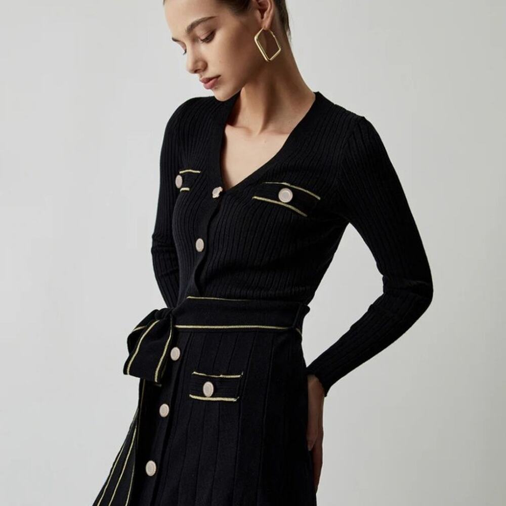 Commense button down sweater Dress Sz M missing belt blac ribbed midi A3